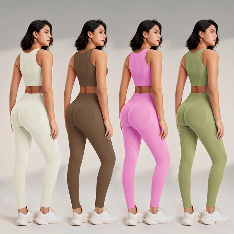 Conjunto de roupas de yoga feminino cintura alta leggings e topo duas peças sem costura roupas de exercício de fitness roupa interior de treino de fitness