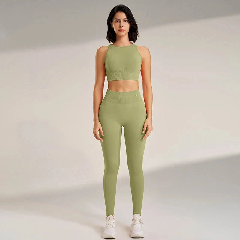 Conjunto de roupas de yoga feminino cintura alta leggings e topo duas peças sem costura roupas de exercício de fitness roupa interior de treino de fitness